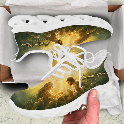 Unboxing view of the Christian Nativity scene sneakers inside a cardboard packaging box with paper liner