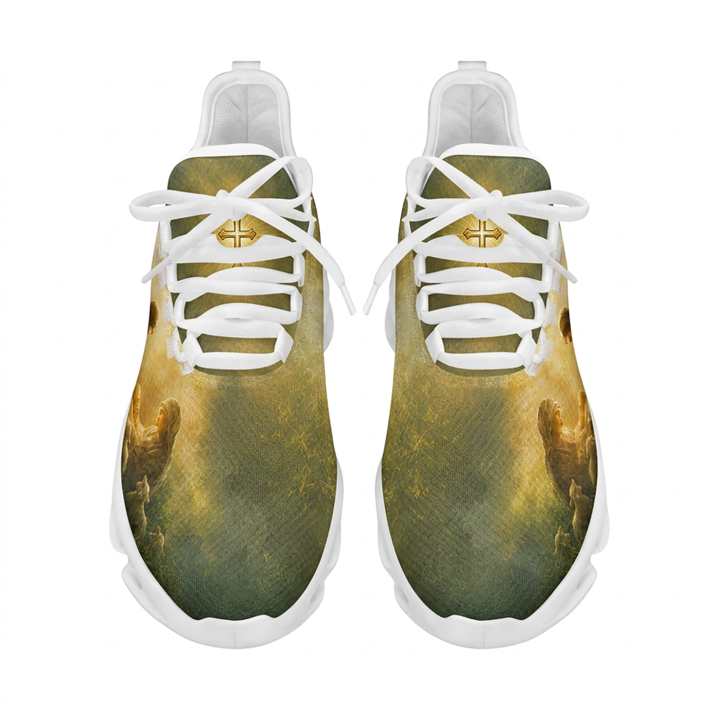 Top-down view of the custom Christmas sneakers showcasing the golden textured upper and a radiant holy cross on the tongue