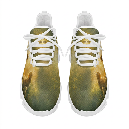 Top-down view of the custom Christmas sneakers showcasing the golden textured upper and a radiant holy cross on the tongue