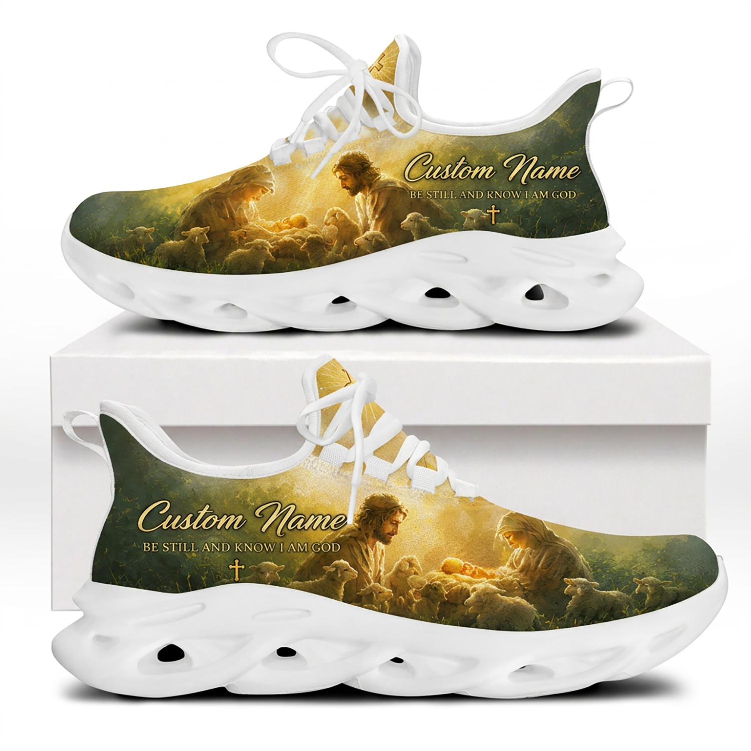 Both side views of Custom Name Nativity scene Max Soul Shoes on white soles with a warm golden oil painting of Mary, Joseph, baby Jesus, and lambs