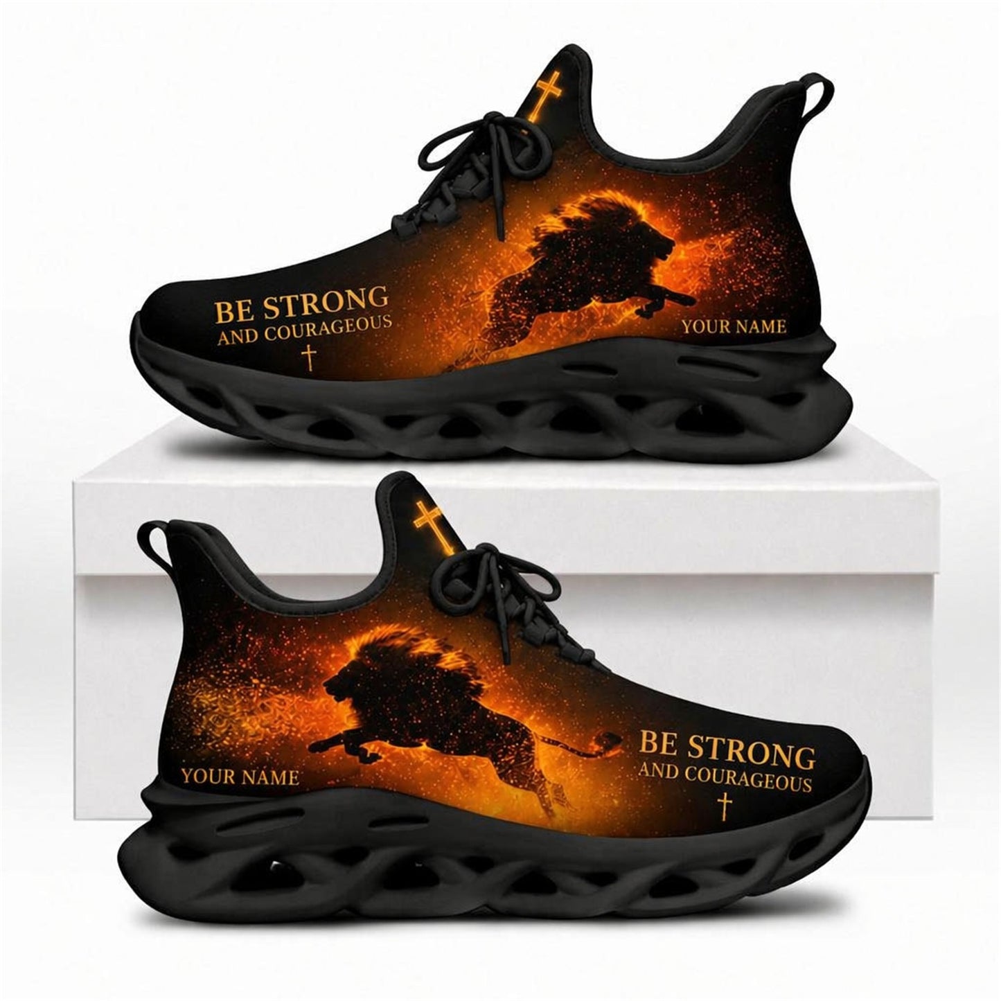 Side view of custom name Be Strong and Courageous Max Soul shoes featuring a roaring fiery lion silhouette and a solid black wavy sole