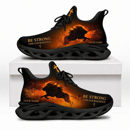 Side view of custom name Be Strong and Courageous Max Soul shoes featuring a roaring fiery lion silhouette and a solid black wavy sole