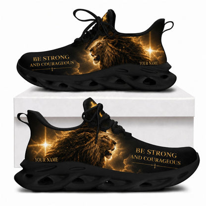 Side view of custom name Be Strong and Courageous Max Soul shoes featuring a roaring golden lion and a solid black wavy sole