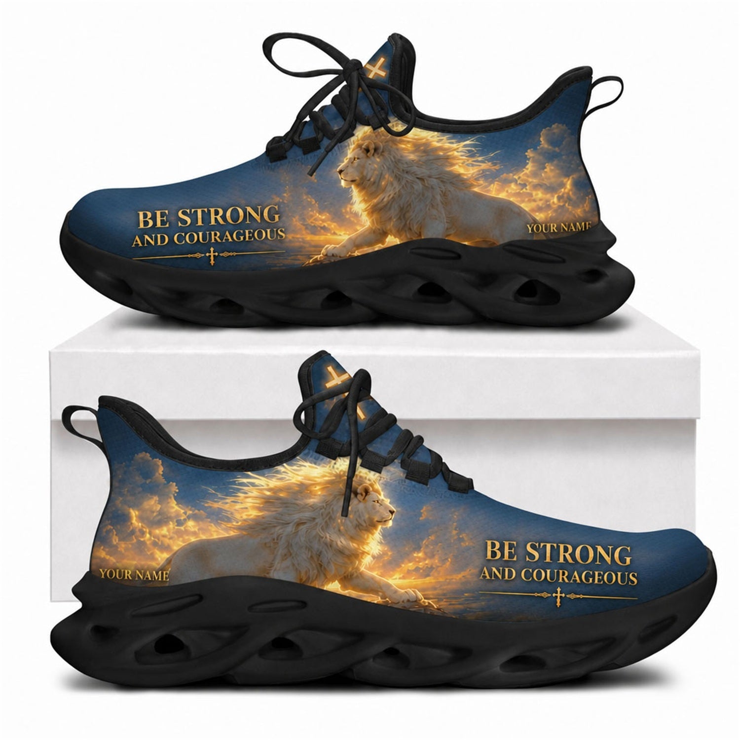 Side view of custom name Be Strong and Courageous Max Soul shoes featuring a majestic white lion under a heavenly sunrise sky with a solid black wavy sole