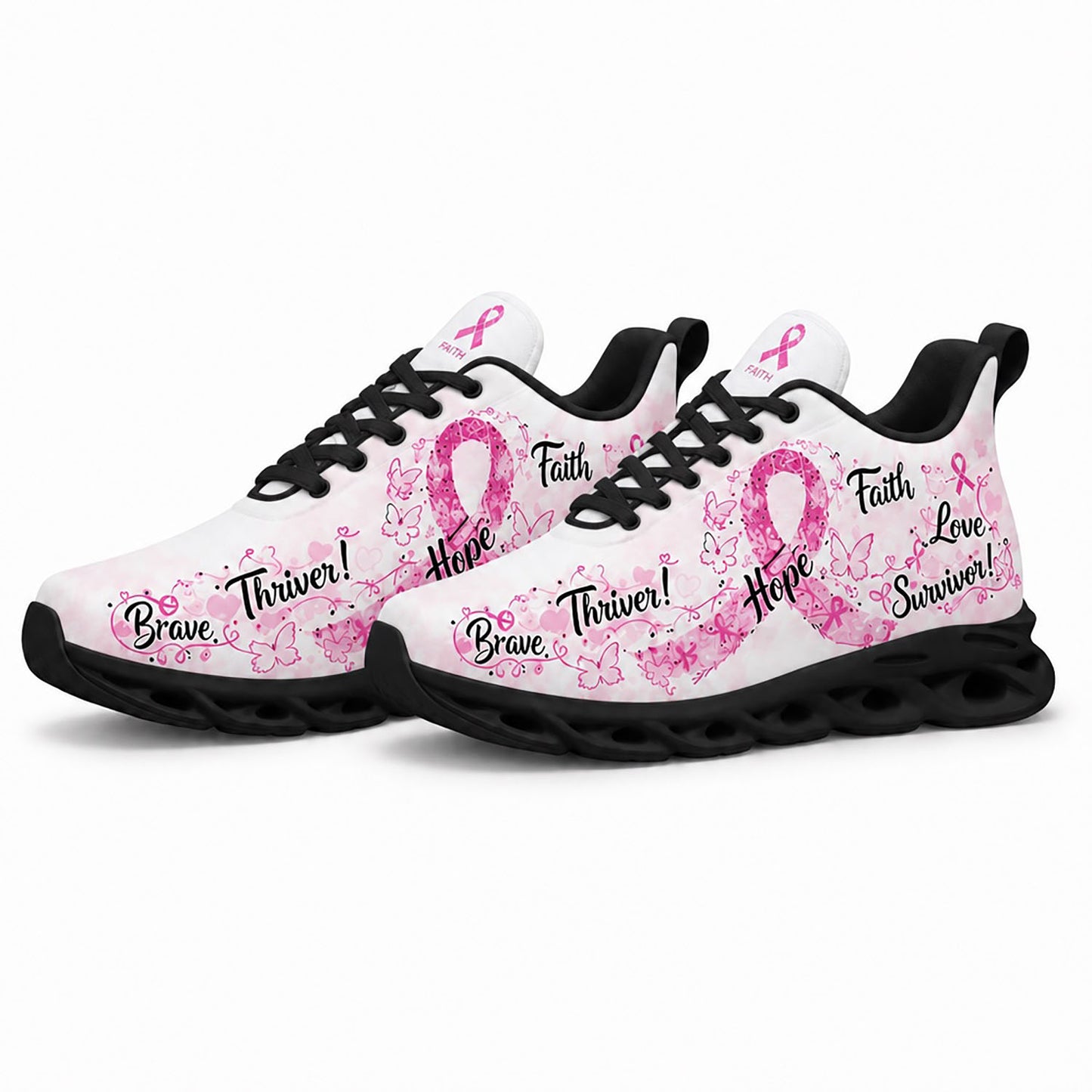 Lifestyle display of Custom Name Breast Cancer Awareness Max Soul shoes with white soles styled on a wooden table