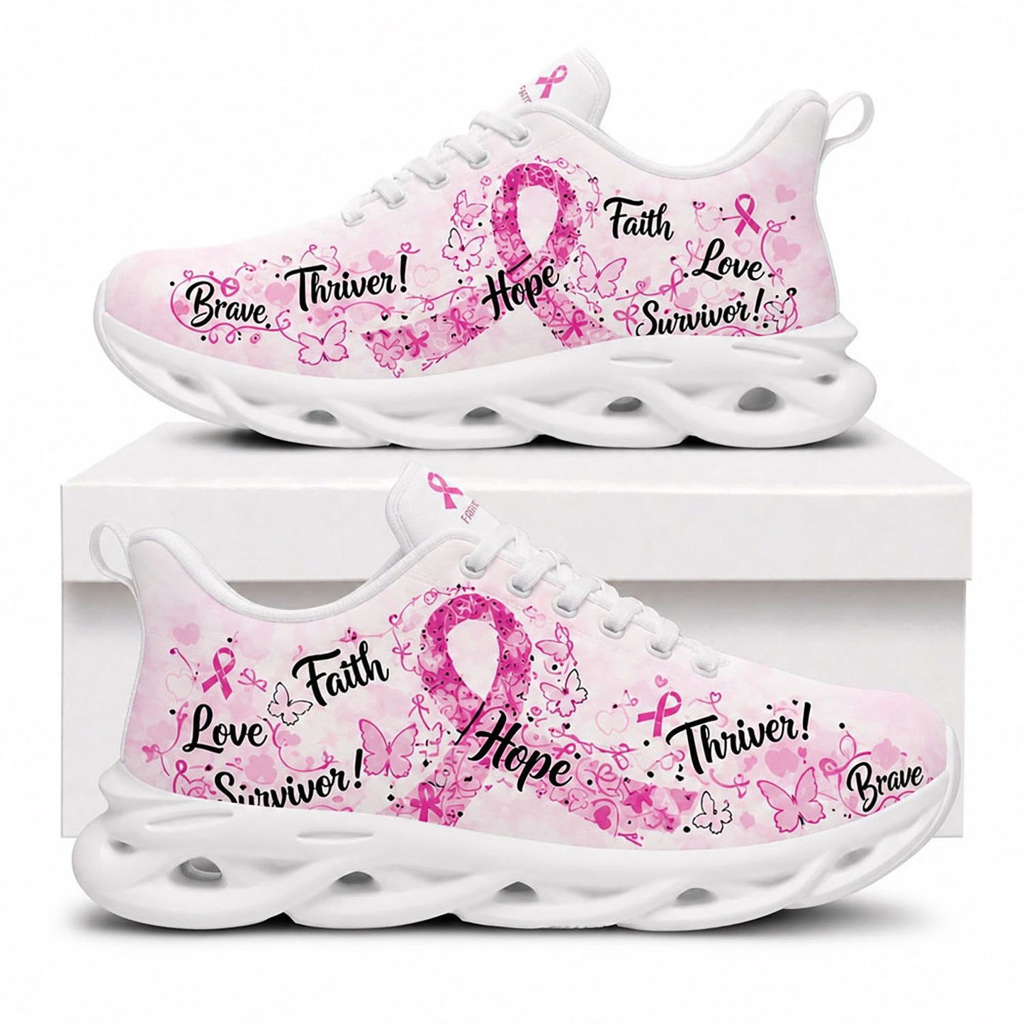 Side view of Custom Name Breast Cancer Awareness Max Soul Shoes in white sole with pink ribbon survivor design