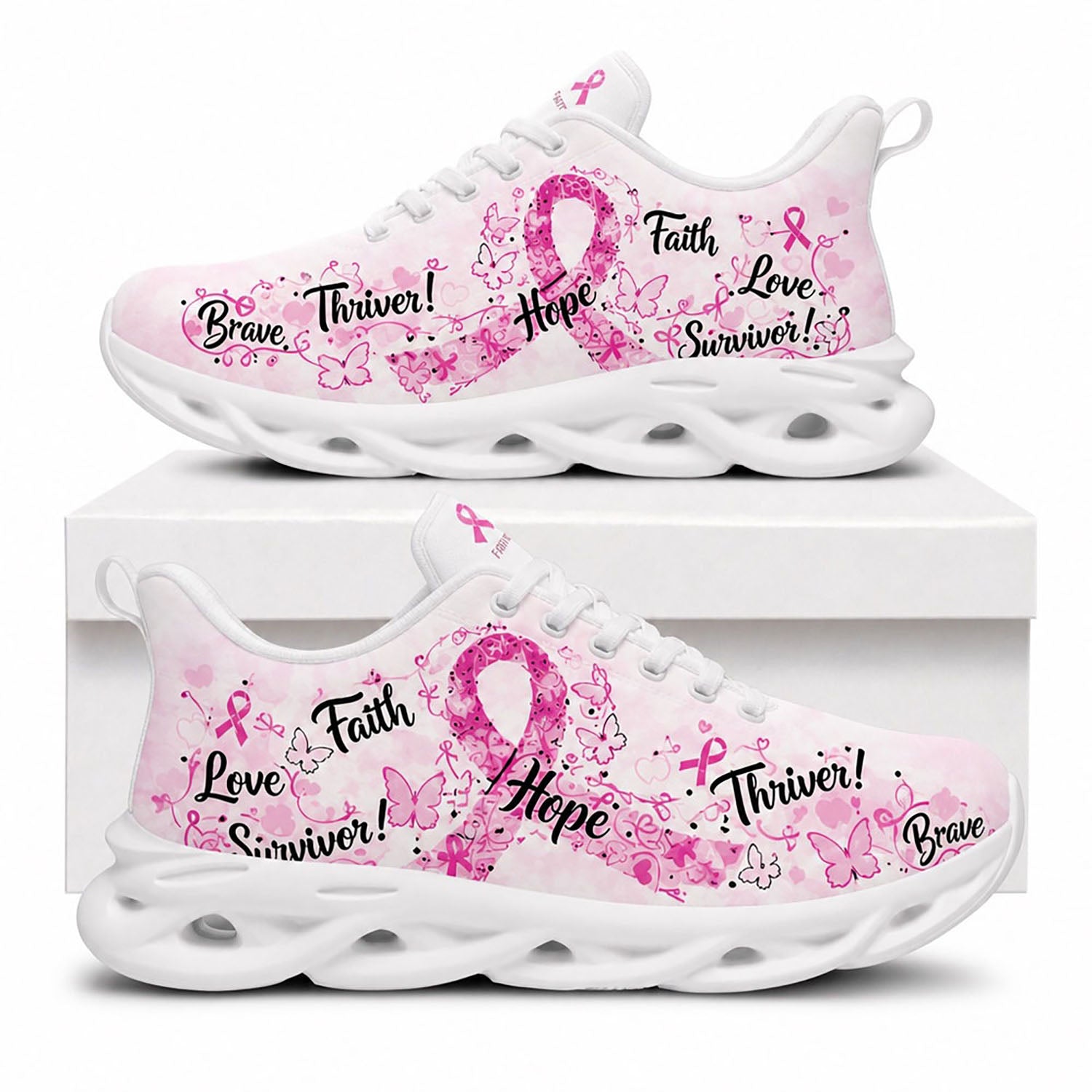 Side view of Custom Name Breast Cancer Awareness Max Soul Shoes in white sole with pink ribbon survivor design