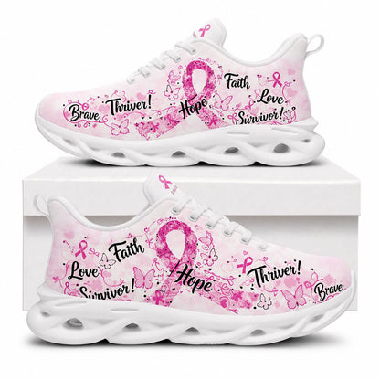 Side view of Custom Name Breast Cancer Awareness Max Soul Shoes in white sole with pink ribbon survivor design