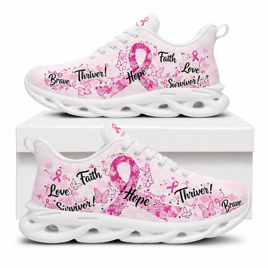Side view of Custom Name Breast Cancer Awareness Max Soul Shoes in white sole with pink ribbon survivor design