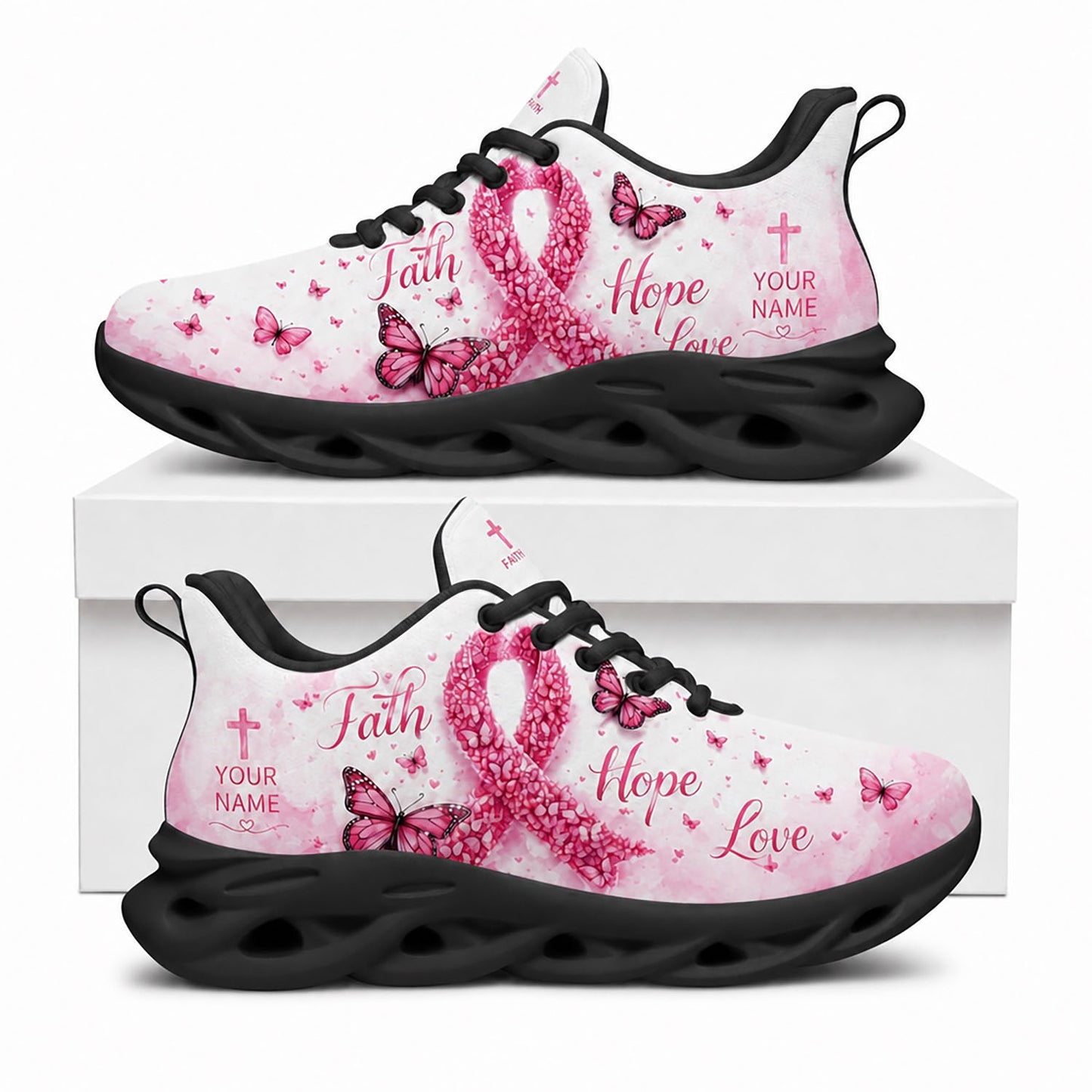 Side profile display of Custom Name Breast Cancer Faith Hope Love Max Soul Shoes built on dynamic black traction soles