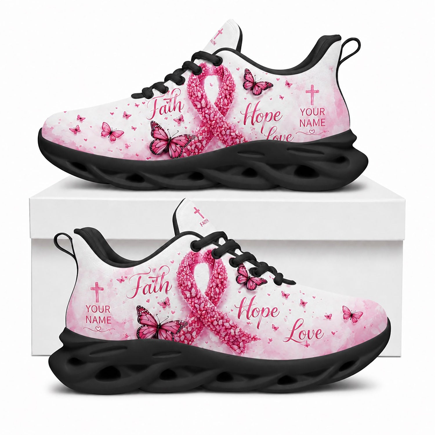 Side profile display of Custom Name Breast Cancer Faith Hope Love Max Soul Shoes built on dynamic black traction soles