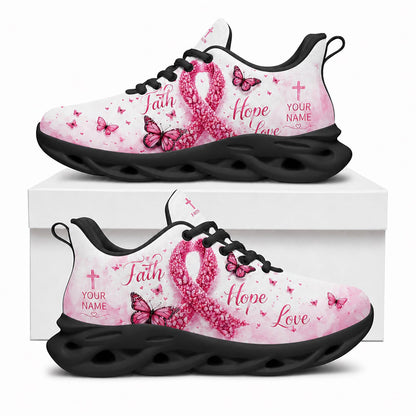 Side profile display of Custom Name Breast Cancer Faith Hope Love Max Soul Shoes built on dynamic black traction soles