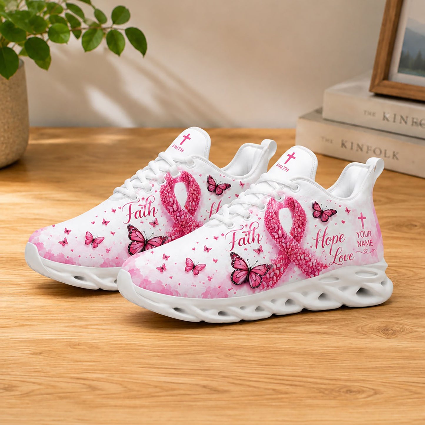 Lifestyle product presentation of Custom Name Breast Cancer Faith Hope Love Max Soul shoes with white soles styled on a wooden tabletop