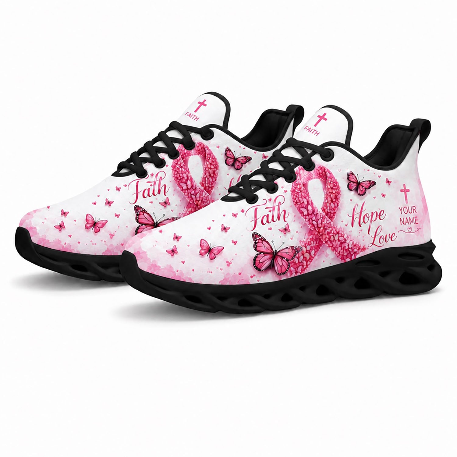 Angled pair view of Custom Name Breast Cancer Faith Hope Love Max Soul Shoes on white soles with pink ribbon floral graphics
