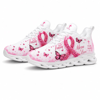 Full showcase of the custom pink ribbon butterfly sneakers on sleek white soles
