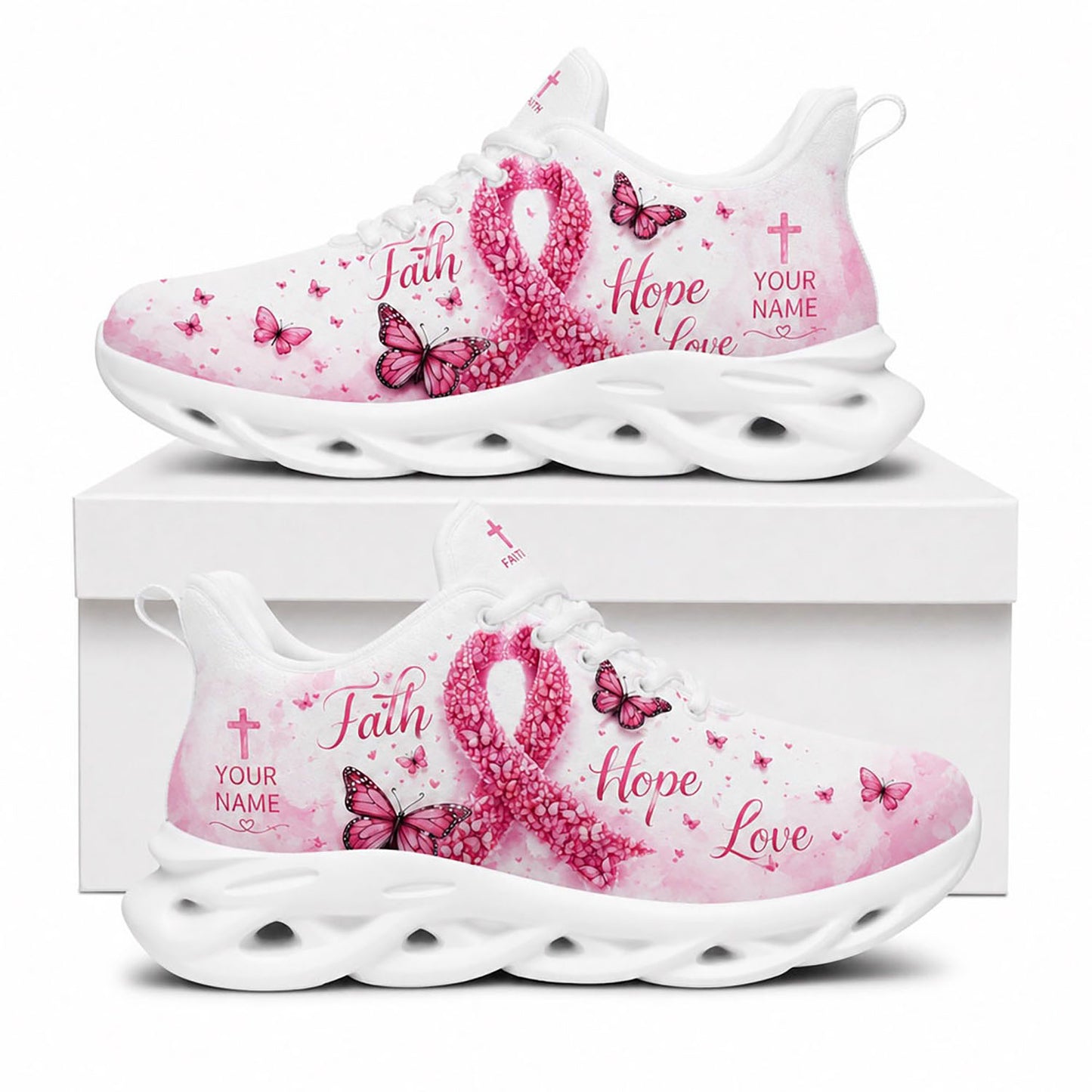 Side profile display of Custom Name Breast Cancer Faith Hope Love Max Soul Shoes in white sole featuring the custom name placement area