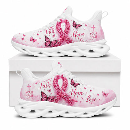 Side profile display of Custom Name Breast Cancer Faith Hope Love Max Soul Shoes in white sole featuring the custom name placement area