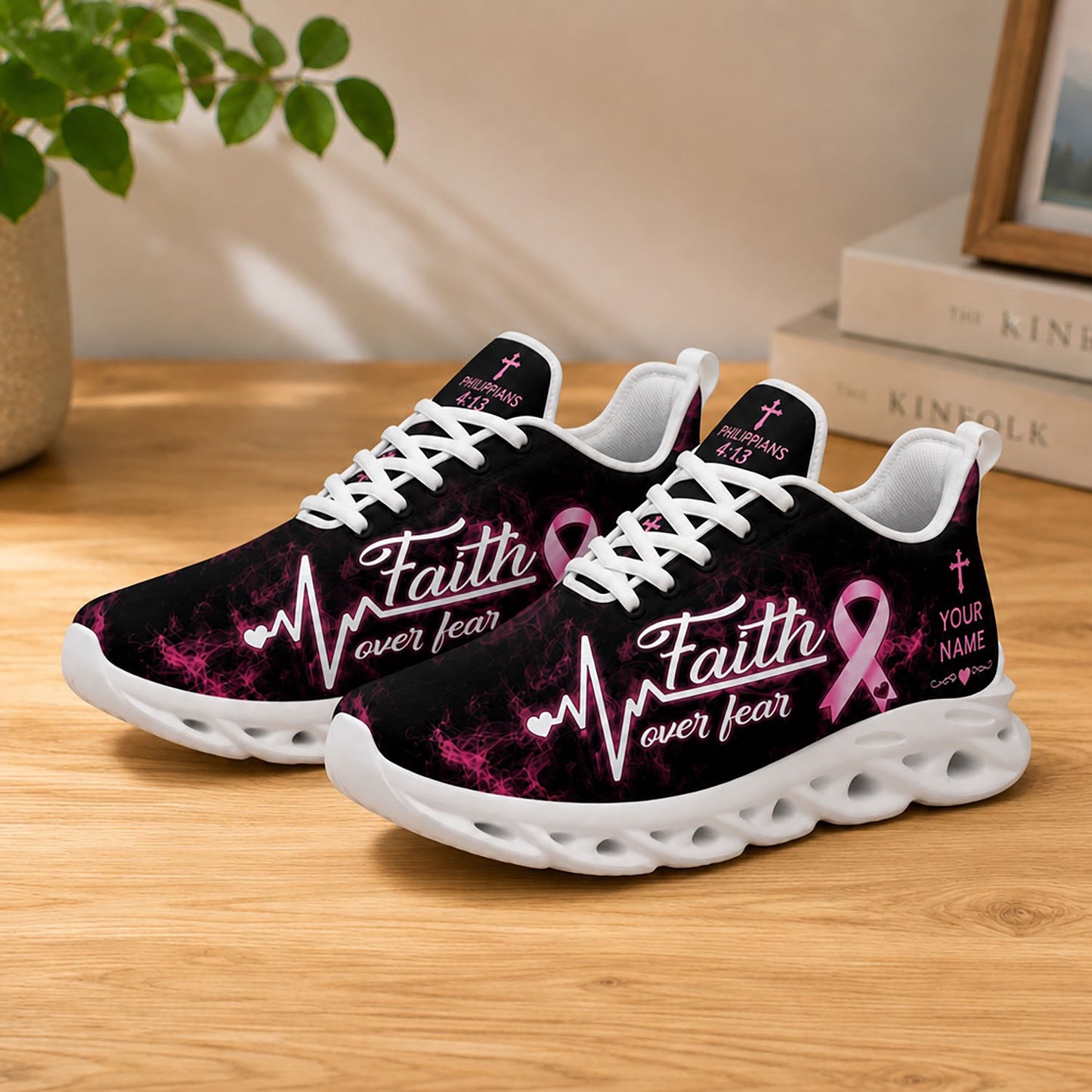 Lifestyle display of Custom Name Breast Cancer Faith Over Fear Max Soul shoes with white soles styled on a wooden table