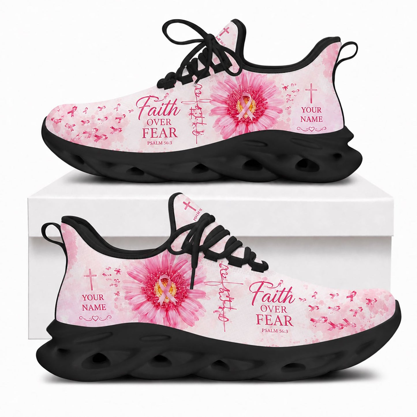 Side profile of Custom Name Breast Cancer Faith Over Fear Psalm 56:3 Max Soul Shoes in black sole showing the personalizable name text zone
