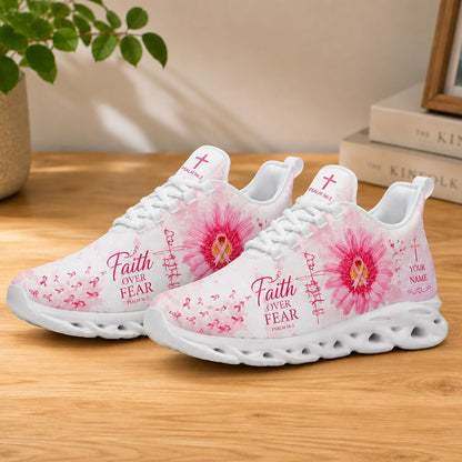 Lifestyle product photography of Custom Name Breast Cancer Faith Over Fear Psalm 56:3 Max Soul shoes with white soles styled on a clean wooden table