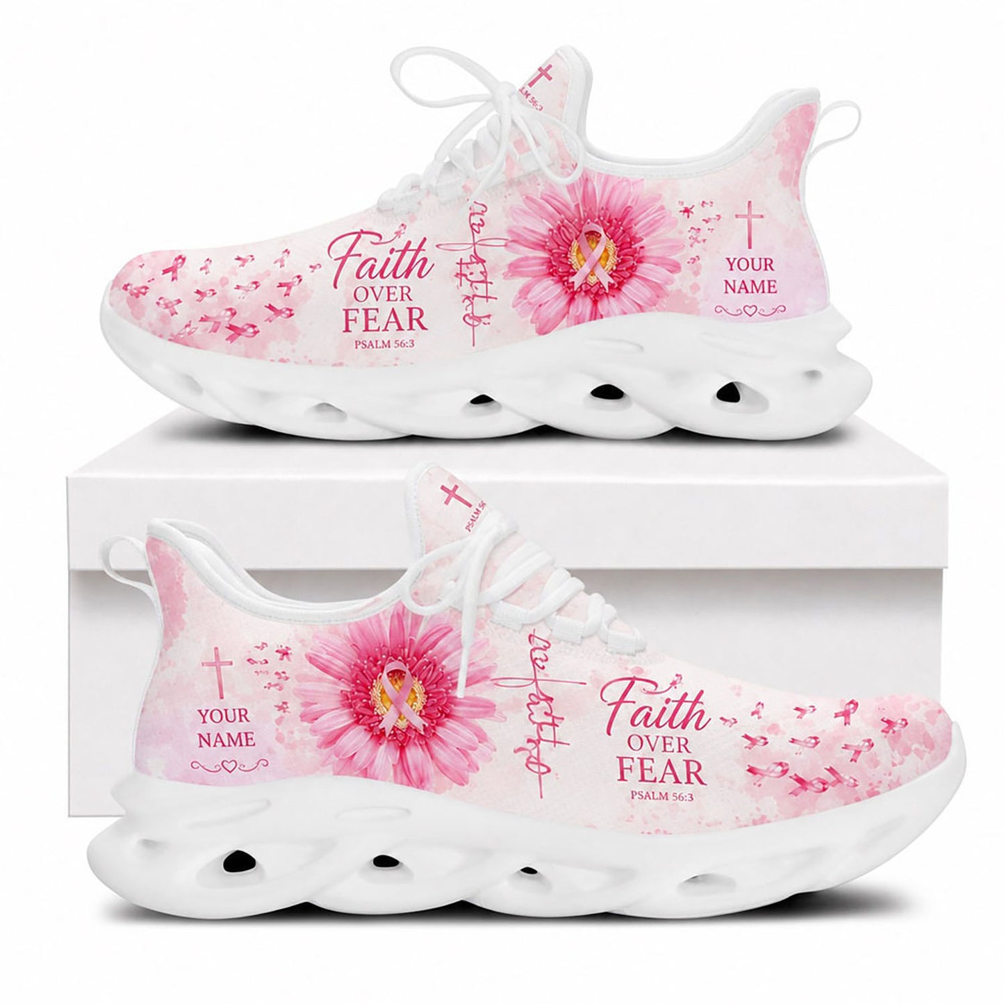 Side profile of Custom Name Breast Cancer Faith Over Fear Psalm 56:3 Max Soul Shoes on white soles with a pink daisy and ribbon graphics