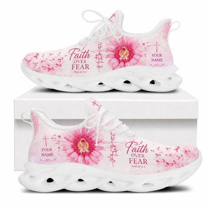 Side profile of Custom Name Breast Cancer Faith Over Fear Psalm 56:3 Max Soul Shoes on white soles with a pink daisy and ribbon graphics