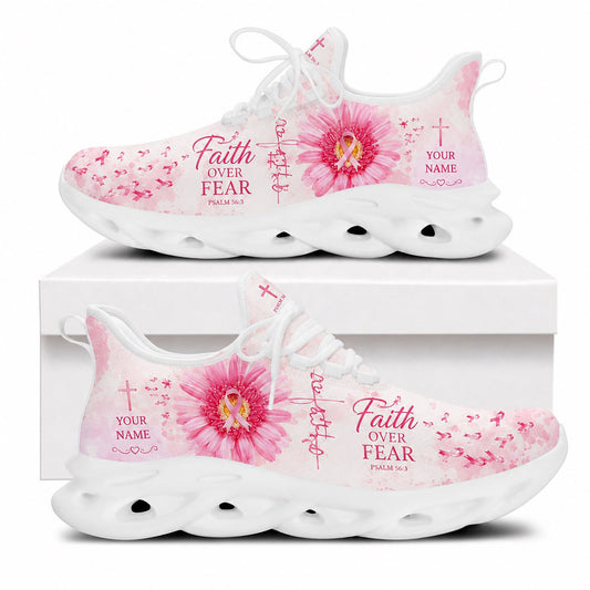 Side profile of Custom Name Breast Cancer Faith Over Fear Psalm 56:3 Max Soul Shoes on white soles with a pink daisy and ribbon graphics