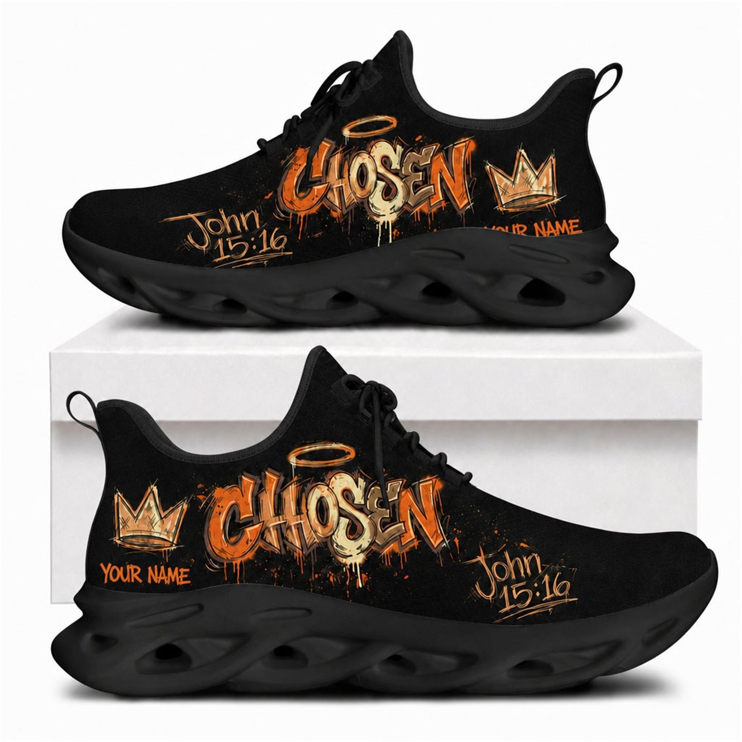 Chosen John 15:16 graffiti Christian shoes with orange street art typography and solid black wavy soles