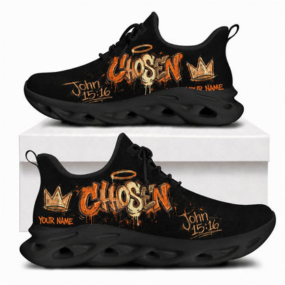 Chosen John 15:16 graffiti Christian shoes with orange street art typography and solid black wavy soles