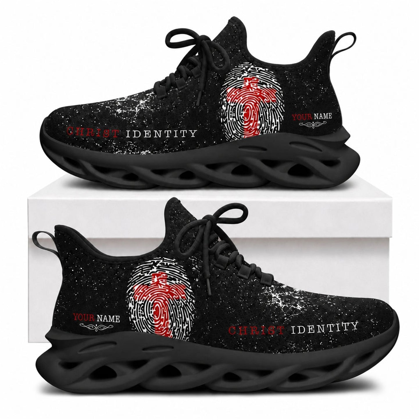 Christian sneakers with "Christ Identity" text, red cross fingerprint design on black wavy soles