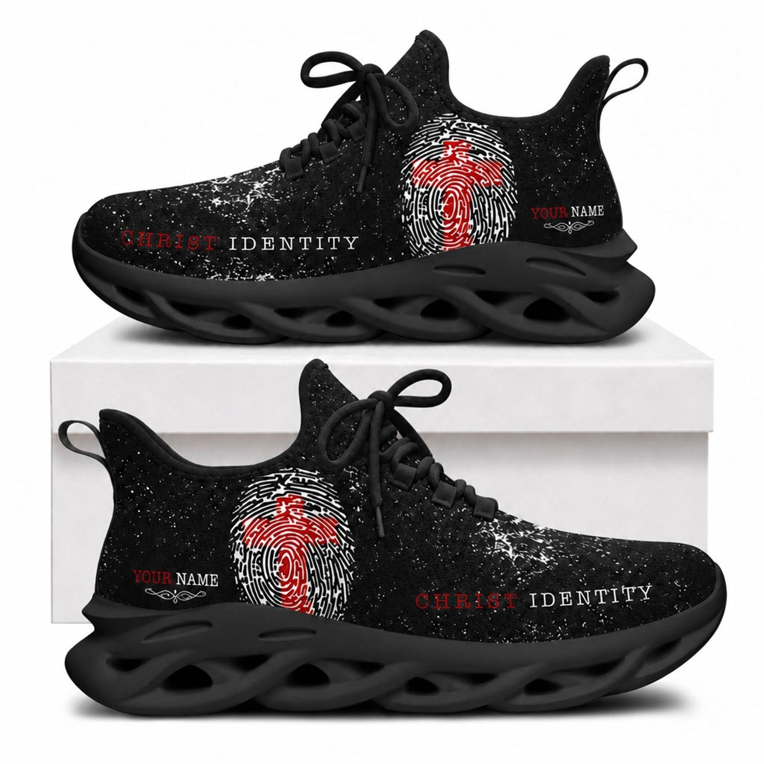 Christian sneakers with "Christ Identity" text, red cross fingerprint design on black wavy soles