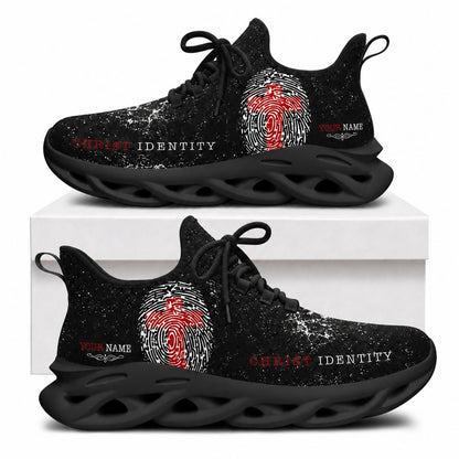 Christian sneakers with "Christ Identity" text, red cross fingerprint design on black wavy soles