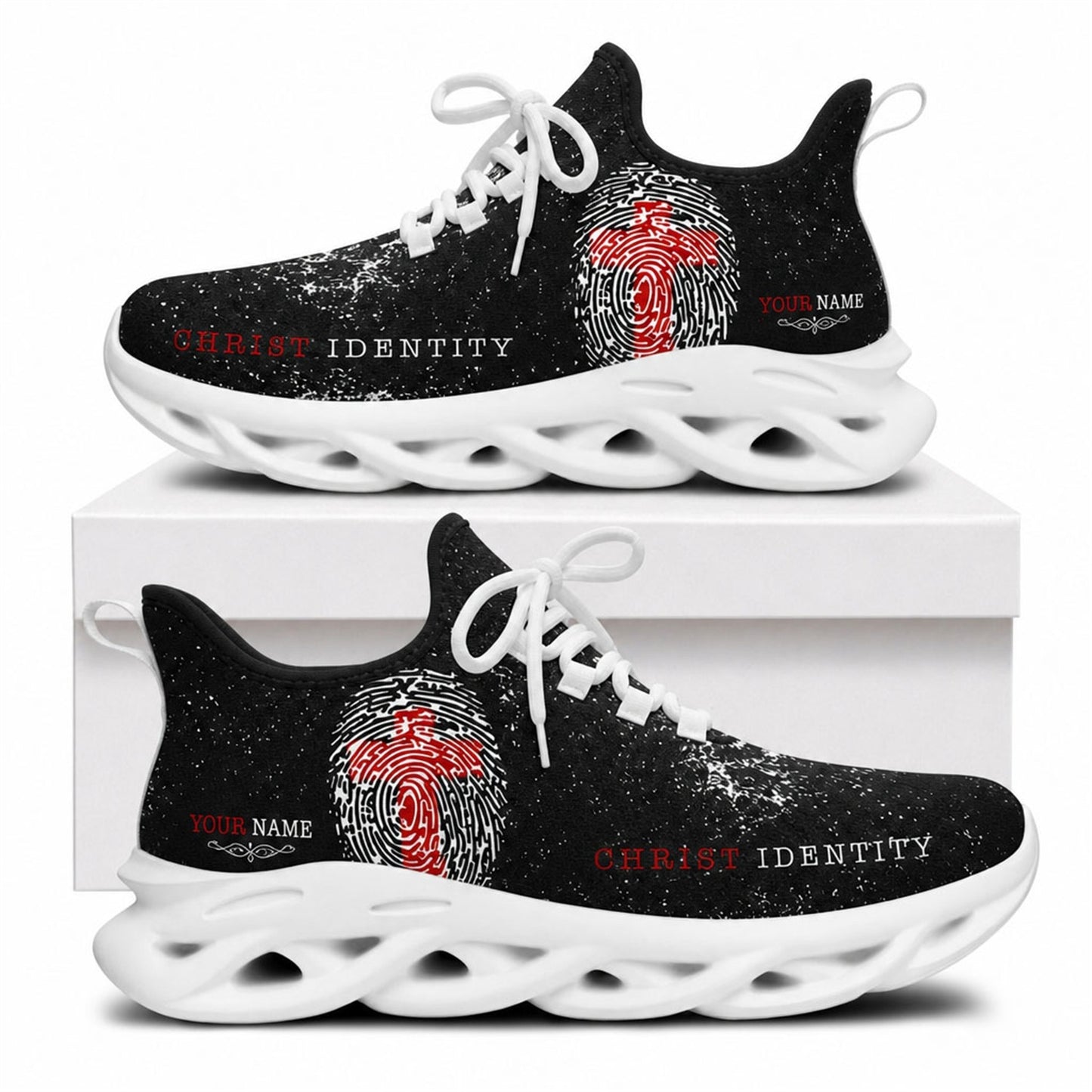 Side view of faith sneakers with red cross fingerprint motif on white outsoles