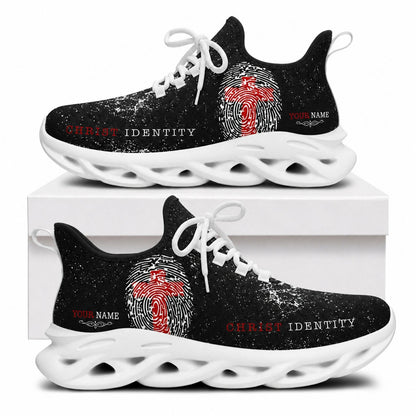 Side view of faith sneakers with red cross fingerprint motif on white outsoles