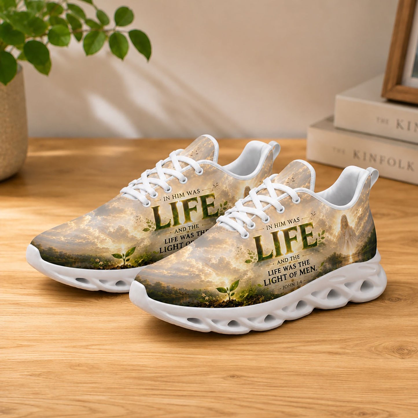 Lifestyle display of Custom Name Christian Jesus Max Soul shoes with white soles styled on a modern wooden table