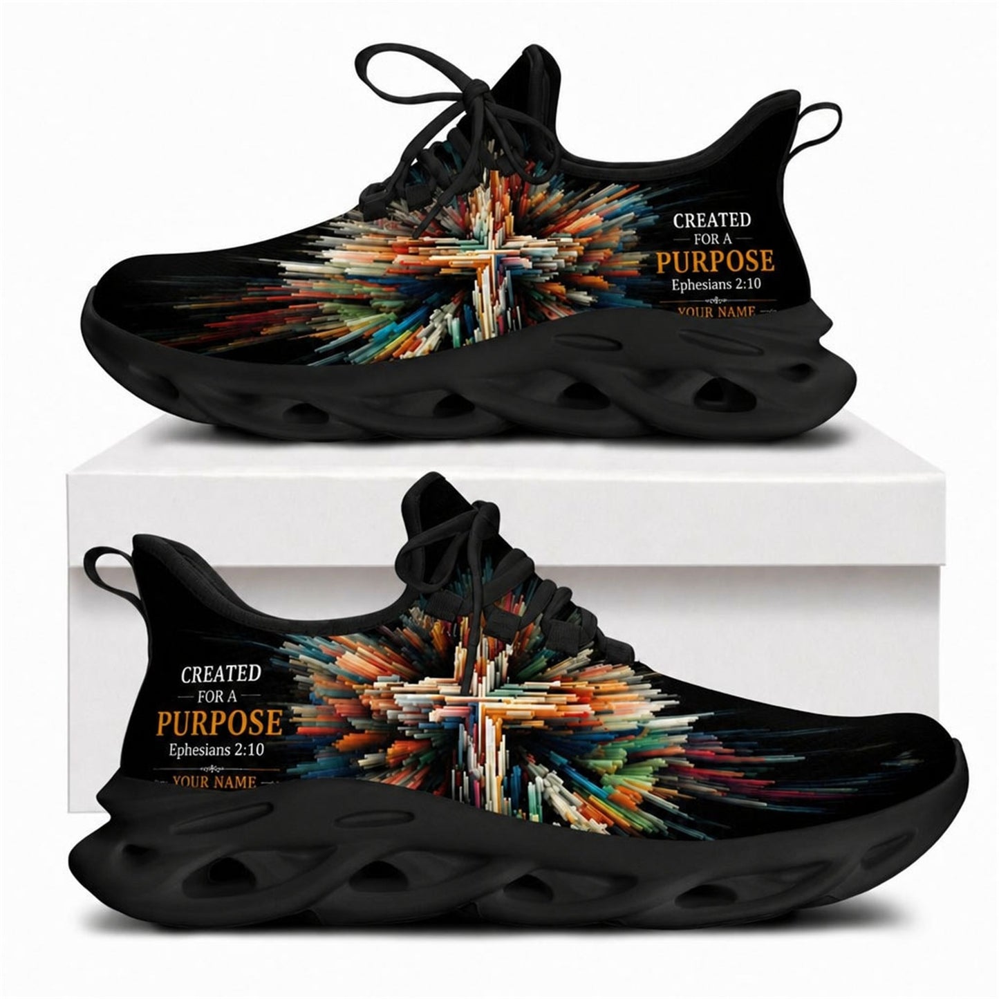 Christian sneakers with abstract cross design and "Created For A Purpose" text on black wavy soles