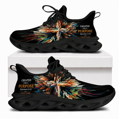 Christian sneakers with abstract cross design and "Created For A Purpose" text on black wavy soles