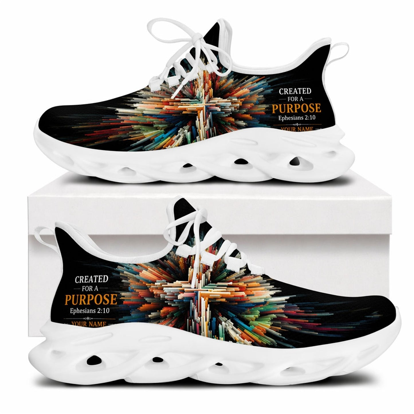 Side view of faith sneakers with Ephesians 2:10 scripture and colorful cross motif on white outsoles