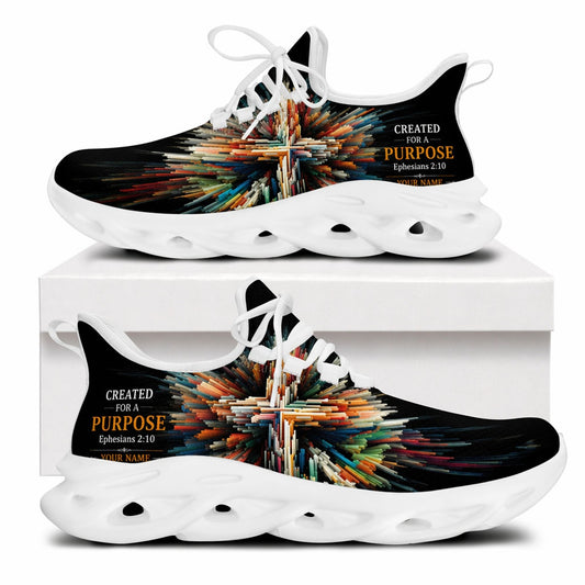 Side view of faith sneakers with Ephesians 2:10 scripture and colorful cross motif on white outsoles