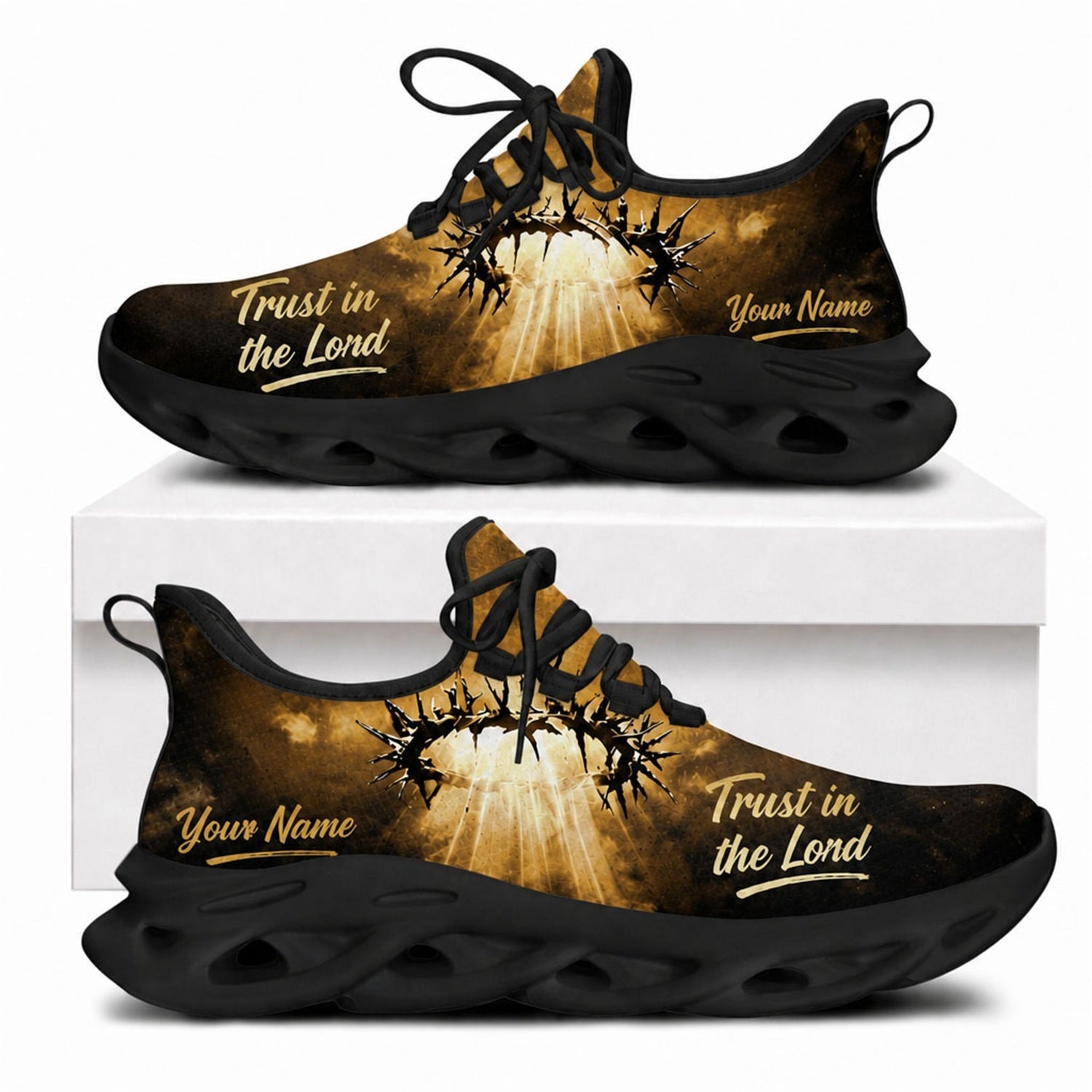 Crown of thorns Christian shoes with divine gold light rays and black wavy athletic outsoles
