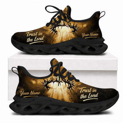 Crown of thorns Christian shoes with divine gold light rays and black wavy athletic outsoles