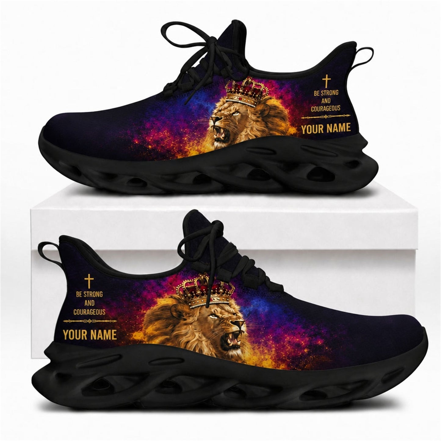 Crowned Lion of Judah Christian shoes with fiery galaxy graphics and solid black wavy soles