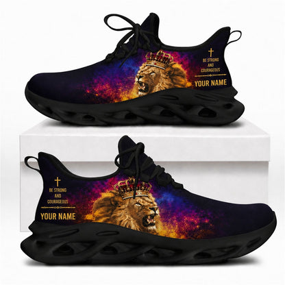 Crowned Lion of Judah Christian shoes with fiery galaxy graphics and solid black wavy soles