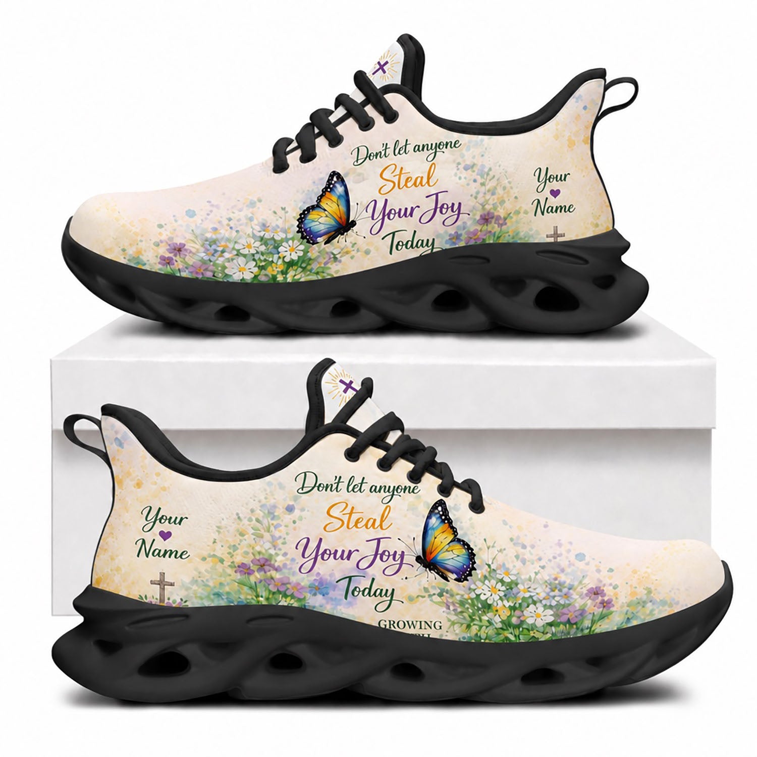 Side view of Custom Name Dont Let Anyone Steal Your Joy Today Max Soul Shoes in black sole showing the custom name area