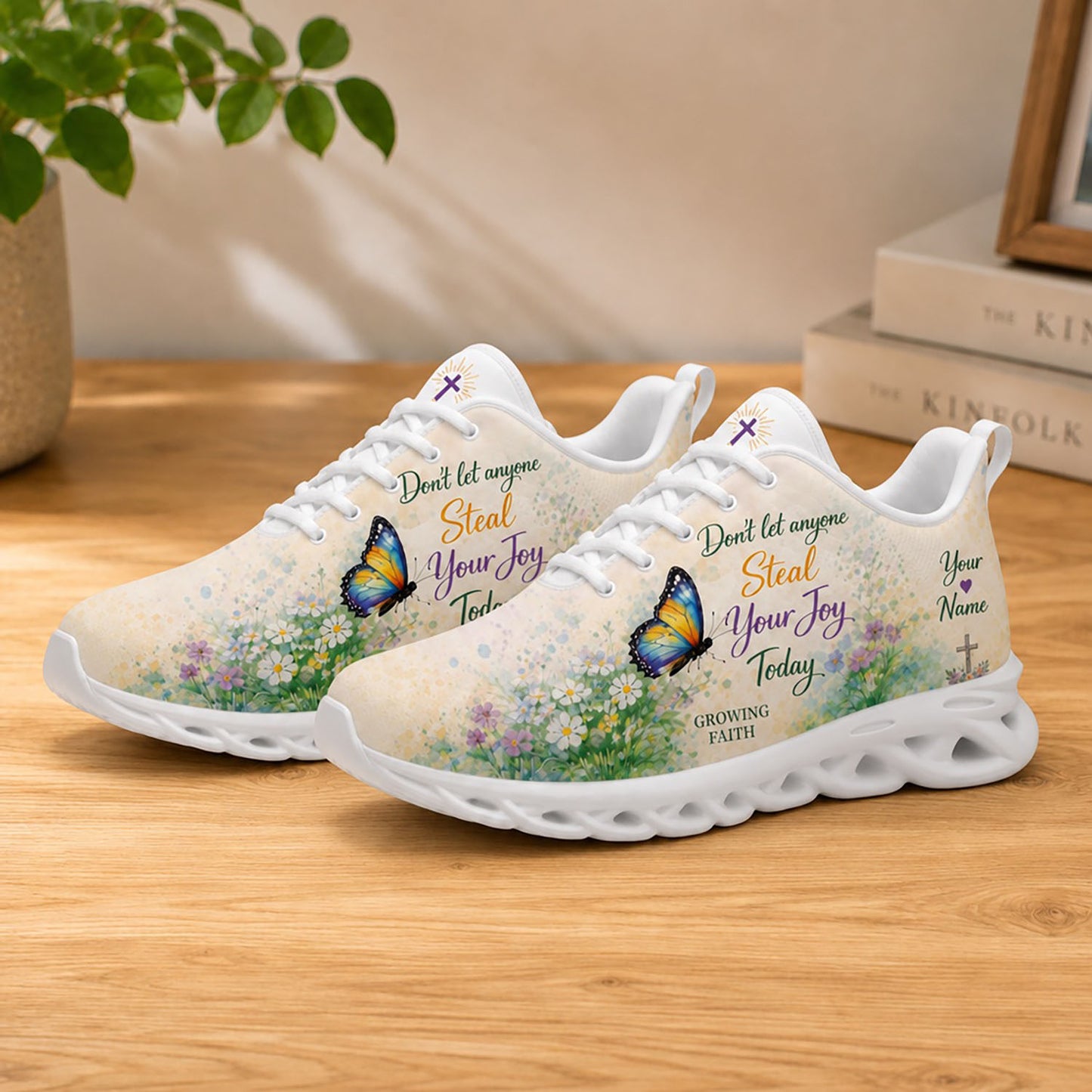 Lifestyle display of Custom Name Dont Let Anyone Steal Your Joy Today Max Soul shoes with white soles styled on a wooden table