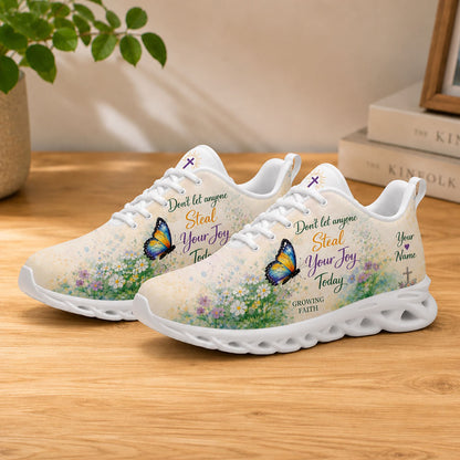 Lifestyle display of Custom Name Dont Let Anyone Steal Your Joy Today Max Soul shoes with white soles styled on a wooden table