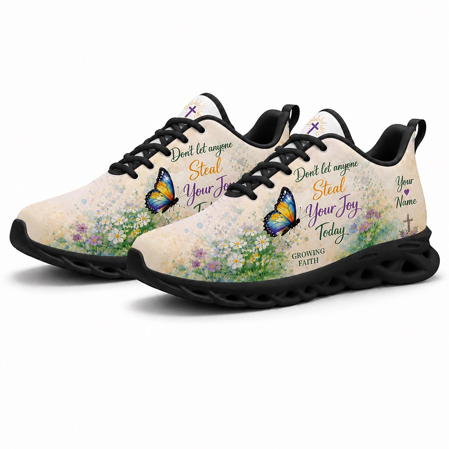Pair of Growing Faith sneakers featuring a pastel floral canvas print with dynamic black soles