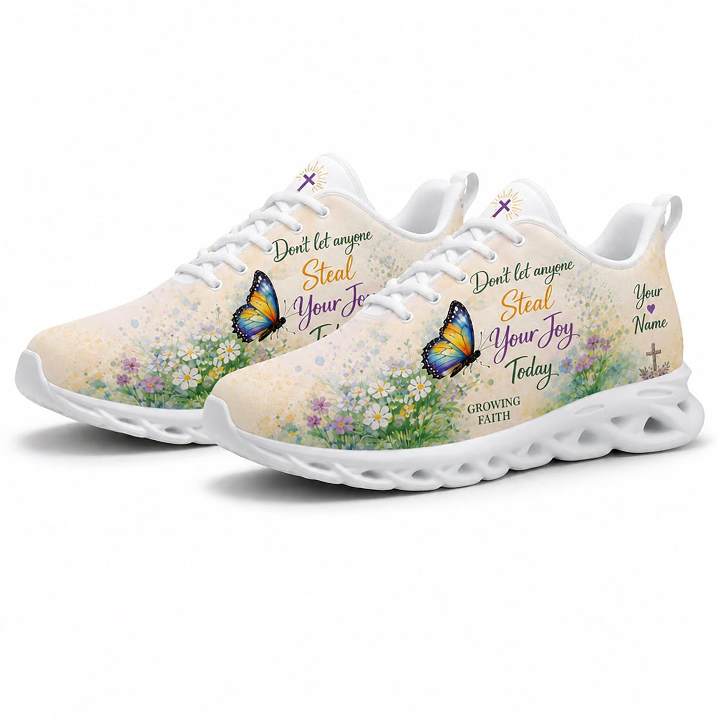 Angled pair of Growing Faith sneakers with motivational text, cross symbol, and daisy meadow on white soles