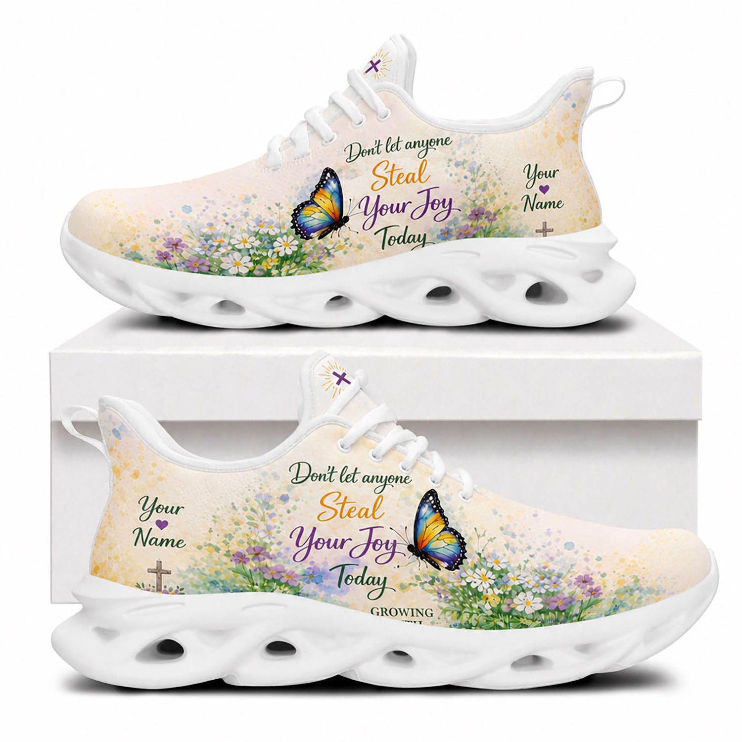 Side view of Custom Name Dont Let Anyone Steal Your Joy Today Max Soul Shoes in white sole featuring butterfly and flower field graphics