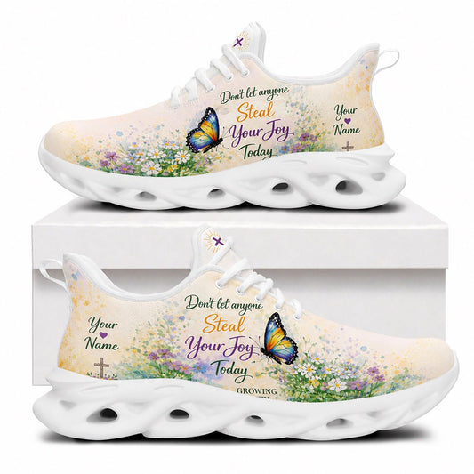 Side view of Custom Name Dont Let Anyone Steal Your Joy Today Max Soul Shoes in white sole featuring butterfly and flower field graphics